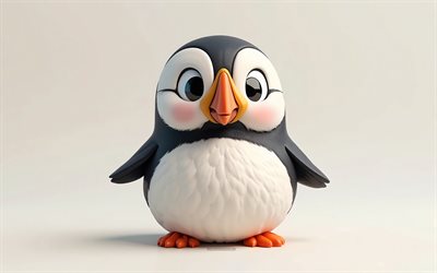4k, netter 3d  papageientaucher, cartoon 3d papageientaucher, süße tiere, papageientaucher, 3d  tiere, cartoon 3d  tiere, lustiger papageientaucher, kleiner papageientaucher, orangefarbener hintergrund