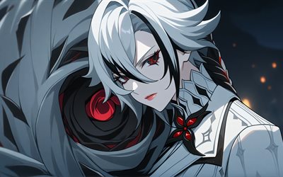 4k, arlecchino, oscurità, impatto di genshin, bagliore, occhi rossi, personaggi anime, opera d'arte, personaggi di genshin impact, impatto di genshin di arlecchino