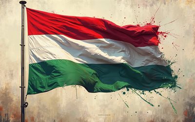 ungerska flagga, 4k, ungern flagga på flaggstången, ungerska färgstänk flagga, grunge konst, hungerflagg, ungern, ungers flagg, grunge bakgrund