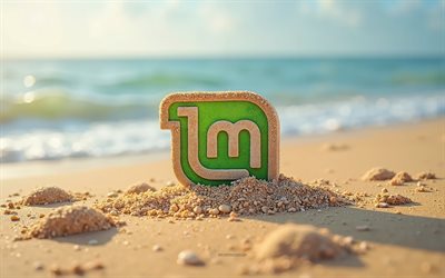 linux mint  logo, 4k, kesän, linux minttu  logo, joka on valmistettu hiekasta, ranta, 3d linux mint  logo, hiekka, linux minttumerkki, linux  minttu, linux