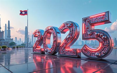 2025 لاوس, 4k, السفر إلى لاوس 2025, الفن الإبداعي, لاوس 2025 أرقام, الفن ثلاثي الأبعاد, علم لاوس, 2025 الأرقام ثلاثية الأبعاد, فينتيان, 2025 مفاهيم, لاوس