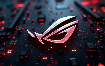 logo rog, 4k, logo rog 3d, rog creative steel logo sur fond de technologie, rog emblem, carte mère, asus rog, high tech contexte, rog, asus