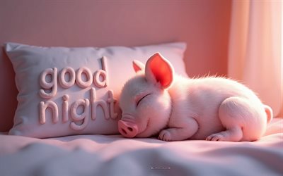 gute nacht, 4k, gute nacht 3d  inschrift, kissen, schlaf kleines süßes ferkel, gute nachtwunsch, gute nachtkonzepte, guten nachthintergrund