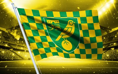 4k, logo norwich city fc, club de football anglais, drapeau du stade, drapeau des fans du norwich city fc, drapeau vert jaune, emblème du norwich city fc, championnat, angleterre, football, norwich city fc