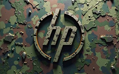 logo 3d di hewlett packard, 4k, sfondo mimetico, marchi, creativo, logo hp, logo militare di hewlett packard, camuffamento verde, logo hewlett packard, hp, marchi elettronici, hewlett packard