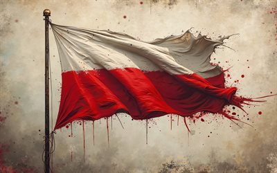 polsk flagga, 4k, polen flagga på flaggstången, polska färgstänk flagga, grunge konst, polen, polens flagg, grunge bakgrund