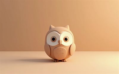 sarjakuva pöllö, 4k, minimaalinen, ruskea tausta, sarjakuva 3d  linnut, pöllön minimalismi, 3d  lintu, pöllö