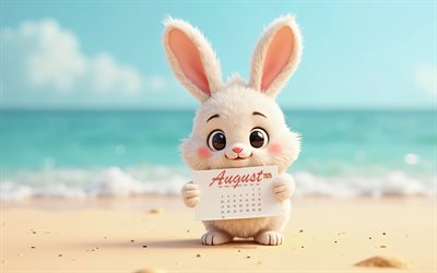 august 2025 kalender, 4k, august kalender 2025 mit hase, sommer 2025, august kalender 2025, netter hasen, sommerhintergrund, 2025 kalender, august