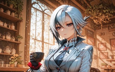 4k, arlecchino, caffè, impatto di genshin, tazza di caffè, occhi rossi, personaggi anime, opera d'arte, personaggi di genshin impact, impatto di genshin di arlecchino