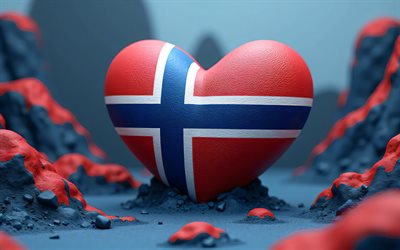 4k, jag älskar norge, bokhög, 3d  konst, kreativ, norge day, norges flagg, hjärta med norsk flagga, färgglad 3d  bakgrund, 3d  hjärtan, norsk flagga, norge, kärlek till norge