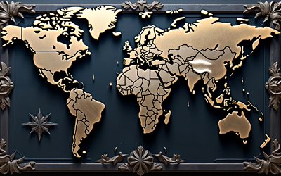 carte du monde en cuivre, 4k, carte du monde en métal 3d, contexte de la carte du monde, concepts de la carte du monde, art créatif, carte du monde