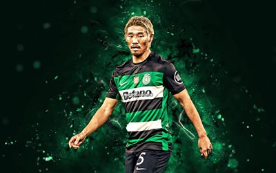 4k, hidemasa morita, grüner abstrakter hintergrund, sporting cp, primeeira liga, japanische fußballer, hidemasa morita 4k, grüne neonlichter, fußball, liga portugal, sporting fc, sporting lissabon, hidemasa morita sporting
