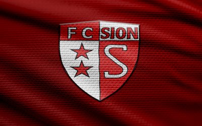 FC Sion fabric logo, 4k, red fabric background, Swiss Super League, bokeh, soccer, FC Sion logo, football, FC Sion emblem, FC Sion, Swiss football club, Sion FC