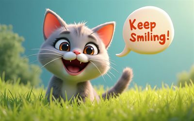 4k, Keep smiling, cartoon gray cat, 3D art, lawn, speech bubbles, Keep smiling wishes, pets, cats, cartoon cats, Keep smiling concepts