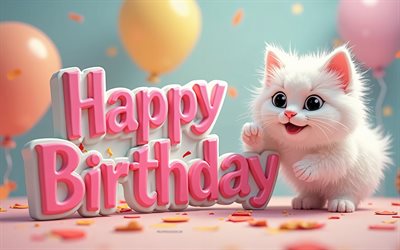 alles gute zum geburtstag, 4k, alles gute zum geburtstag 3d einschreibung, 3d  cartoon weißes flauschiges kätzchen, alles gute zum geburtstag wunsch, alles gute zum geburtstagskonzepte, süße katze, alles gute zum geburtstag hintergrund mit katze