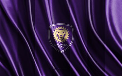 4k, Orlando City SC logo, MLS, purple silk texture, Orlando City SC flag, American soccer team, soccer, silk flag, Orlando City SC emblem, USA, Orlando City SC badge, Orlando City SC
