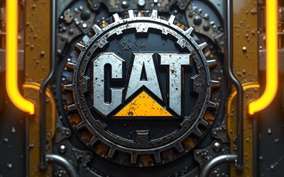 4k, logotipo de caterpillar grunge, engranaje de metal, luces de neón amarillas, marcas, equipo de construcción, logotipo de caterpillar 3d, logotipo de caterpillar metal, fondos de gruñido, logotipo de caterpillar, obra de arte, oruga, logotipo de gato, gato