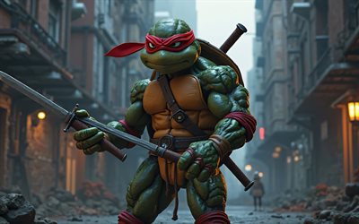 4k, 라파엘, 도시 스케이프, 3d 아트, 십대 돌연변이 닌자 거북이, tmnt 문자, 라파엘 4k, 돌연변이 거북, 닌자 거북이, tmnt, 라파엘 tmnt