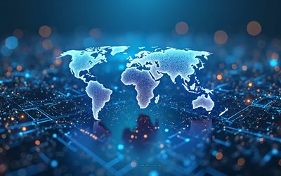 4k, concetto di rete globale, mappa del mondo neon blu, 3d art, background tecnologico blu, rete 3d, sfondo di rete blu, concetti di mappa del mondo, comunicazione