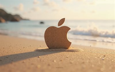 logo apple, 4k, estate, logo apple fatto di sabbia, spiaggia, logo apple 3d, sabbia, emblema di mela, mela