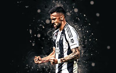 4k, Nicolas Gonzalez, black abstract background, Juventus FC, Serie A, Argentine footballers, white neon lights, Nicolas Gonzalez 4K, football, soccer, Nico Gonzalez, Juventus, Juve, Nicolas Gonzalez Juventus