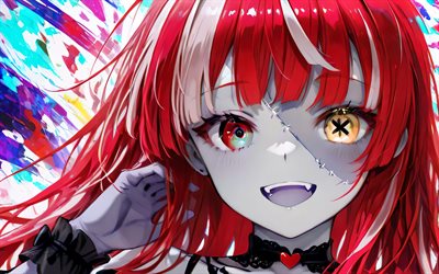 4k, كوريجي أولي, فن الجرونج, يوتيوبر الافتراضي, غيبوبة, heterochromia, خلفية ملونة, vtuber, هولوليف, المانجا, قناة kureiji ollie