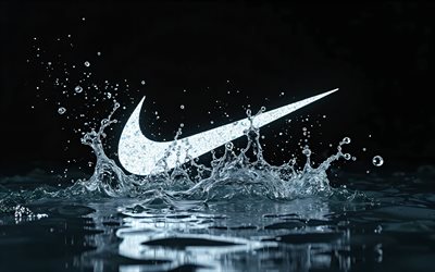 شعار نايك الأبيض, 4k, مبدع, خلفيات بريق أسود, علامات أزياء, شعار نايك بريق, العمل الفني, العلامات التجارية, شعار نايك التجريدي, شعار نايك, نايك