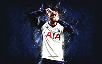 Son Heung-Min, Tottenham Hotspur, goal celebration, South Korean football player, grunge art, blue stone background, Premier League, England, football, Son Heung-Min Tottenham