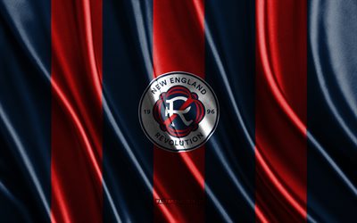 4k, New England Revolution logo, MLS, red blue silk texture, New England Revolution flag, American soccer team, soccer, New England Revolution emblem, USA, New England Revolution