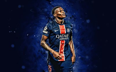 4k, Nuno Mendes, blue abstract background, Paris Saint-Germain, Ligue 1, Portuguese footballers, blue neon lights, Nuno Mendes 4K, football, soccer, PSG, Nuno Mendes PSG