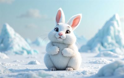 4k, carina hera artica 3d, fumetto 3d artico lepre, animali carini, arco hare, animali 3d, animali 3d di cartoni animati, lepre divertenti dell'articolo, piccola lepre, sfondo invernale