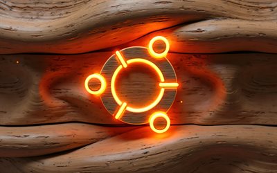 ubuntu oranssi neon  logo, 4k, luova, puinen tausta, tuotemerkit, ubuntu oranssi logo, os  logo, ubuntu 3d  logo, taideteos, ubuntu  logo, ubuntu puinen logo, ubuntu, linux ubuntu