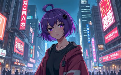 4k, Yuzuki Yukari, nightscape, Vocaloid, girl with purple hair, protagonist, manga, Vocaloid characters, japanese virtual singers, Yuzuki Yukari Vocaloid