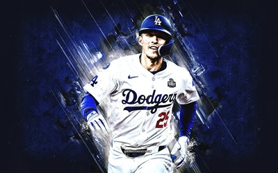 tommy edman, los angeles dodgers, amerikan beyzbol oyuncusu, mavi taş arka plan, grunge art, mlb, amerika, thomas hyunsu edman, major league beyzbol, beyzbol