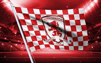 4k, logo du middlesbrough fc, club de football anglais, drapeau du stade, drapeau des fans du middlesbrough fc, drapeau blanc rouge, emblème du middlesbrough fc, championnat, angleterre, football, middlesbrough fc