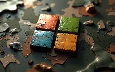 Microsoft 3D logo, 4k, creative, camouflage backgrounds, brands, Microsoft military logo, green camouflage, artwork, Microsoft logo, Microsoft