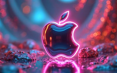 4k, logo apple metal, bokeh, arrière plans colorés, néons violets, logo apple 3d, créatif, logo apple, marques électroniques, pomme, logo des marques