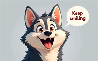 4k, lächle weiter, cartoon husky, 3d  kunst, minimalismus, sprachblasen, lächeln sie weiter, hunde, haustiere, zeichentrickhunde