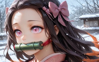 4k, nezuko kamado, inverno, bokeh, demon slayer, occhi viola, protagonista, cumuli di neve, demon slayer kimetsu no yaiba, manga, kamado nezuko, demon hunter, nezuko kamado kimetsu no yaiba