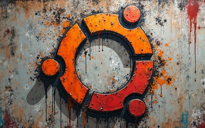 4k, ubuntuロゴ, 壁に落書き, グランジアート, 創造的なグランジアート, ubuntu graffiti, ubuntu, linux