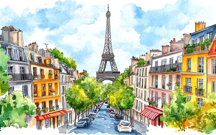 Eiffel Tower, 4k, watercolor painting, abstract cityscapes, Paris landmarks, paint art, french cities, Paris, France, Abstract Eiffel Tower