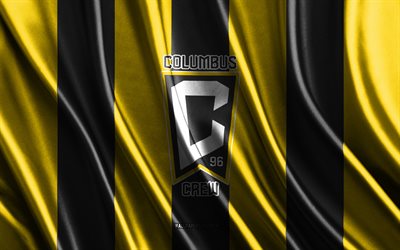 4k, Columbus Crew SC logo, MLS, yellow blue silk texture, Columbus Crew SC flag, American soccer team, soccer, silk flag, Columbus Crew SC emblem, USA, Columbus Crew SC badge, Columbus Crew SC