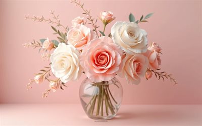 4k, bouquet rosa e bianco, bellissimo bouquet, rose, sfondo rosa, rose bianche, fiori 3d, rose rosa, rose 3d, bouquet roses, fiori rosa, sfondo con rose rosa e bianche