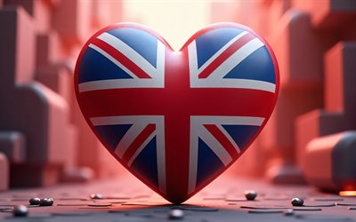 4k, ich liebe großbritannien, buntes 3d  hintergrund, 3d  kunst, kreativ, tag großbritanniens, flagge von großbritannien, herz mit britischer flagge, 3d  herzen, britische flagge, großbritannien, liebe für großbritannien, uk flagge, union jack