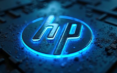 Hewlett-Packard logo, 4k, HP logo, Hewlett-Packard emblem, Hewlett-Packard 3d metal logo, blue neon lights, background with Hewlett-Packard logo, creative art, Hewlett-Packard