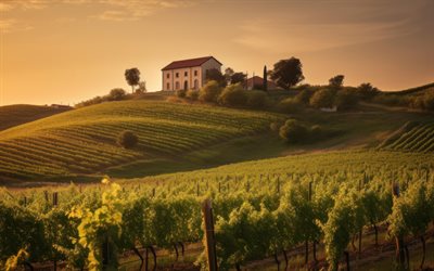 toscana, 4k, tramonto, vigneti, azienda agricola, colline, bella natura, estate, italia, bellissimi paesaggi, europa