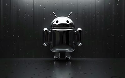 Android 3D metal logo, 4k, Android polished logo, black metallic background, Android logo, Android emblem, 3D art, Android