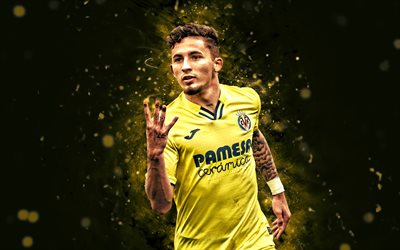 yeremy pino, 4k, sarı neon işıklar, villarreal, la liga, ispanyol futbolcular, yeremy pino 4k, futbol, laliga, villarreal cf, yeremy pino villarreal