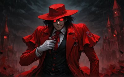 4k, Alucard, rain, night, Hellsing, Count Dracula, castle, manga, Dorakyura, Hellsing manga, Alucard art, Hellsing characters, Alucard character, Alucard Hellsing
