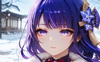 raiden shogun, 4k, 冬, genshin impact, ボケ, アニメキャラクター, 着物, genshinはキャラクターに影響を与えます, 3dアート, 剣, raiden shogun genshin impact